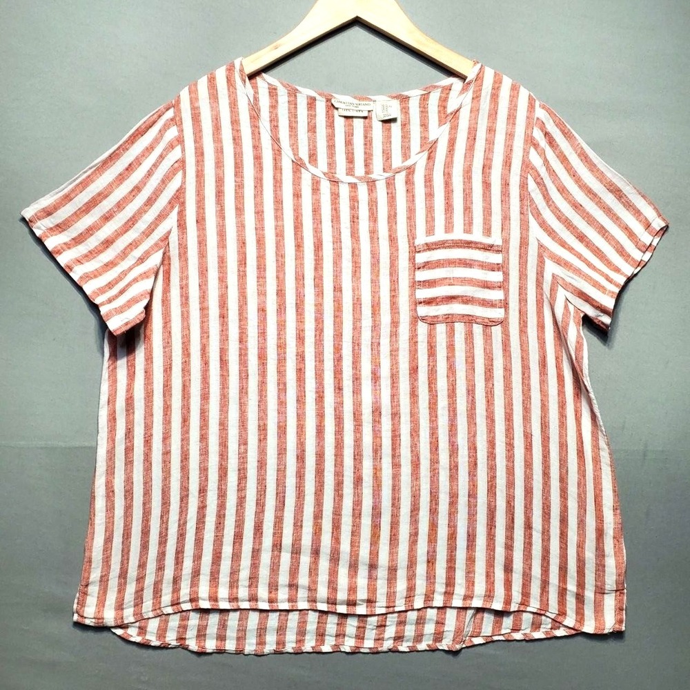 Christian Siriano 100% Linen Striped Top Womens XL Red Pocket Coastal Chic